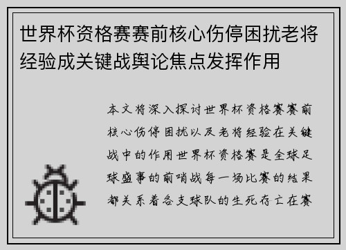 世界杯资格赛赛前核心伤停困扰老将经验成关键战舆论焦点发挥作用